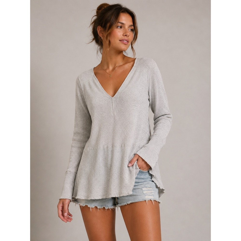 We The Free Ribbed V Neck Long Sleeve Tunic Top Light Grey S |G1